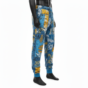 กางเกงจ็อกเกอร์ผ้าฝ้ายผสมลายกราฟฟิตี้ของผู้ชายสีฟ้าสีเหลืองแผ่นปะติดและโลโก้แบบกำหนดเองได้ - Product Image 4