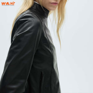 Chaqueta negra de cuero genuino para mujer, ajustada, con cierre de cremallera, cuello levantado, elegante abrigo de motorista, abrigo transpirable teñido liso - Product Image 4