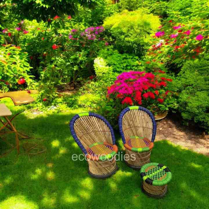 Bamboo Rope Chair with Swirl Ottoman Stool Set of 2 Handmade Indoor ...