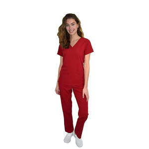 Adult <b>Woman's</b> Nursing Scrub Sets Red Color Slim Fit <b>Short</b> Sleeve Side Vents To Easy Move <b>Cargo</b> Pants With Pocket - Product Image 1
