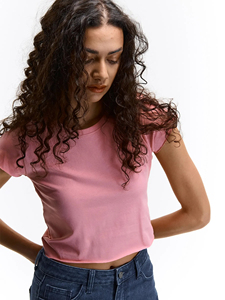 Women's <b>Pink</b> Baby Tee 100% Cotton Cap Sleeve Raw Edge Slim Fit Premium Streetwear Fashion <b>Top</b> OEM Custom Logo <b>Cropped</b> T-shirt - Product Image 2