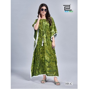 ชุดเดรส Kaftan พิมพ์ลายย้อมสีเข้ม14กก. ชุดเดรสผ้าเรยอนขอบลูกไม้ชุดชายหาดสำหรับปากีสถานและปากีสถานโดยส่งออก - Product Image 1