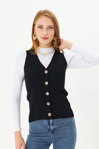 Chaleco de punto de pana informal con estilo para mujer, ropa exterior de algodón de invierno con decoración de botones, longitud del chaleco - Product Image 5