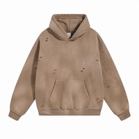 Vintage Stonewashed Acid Wash Distressed Plush Pullover Hoodie Heren Katoen Uitgeknipte Gaten Dikke Fleece Plus Size Winterkleding