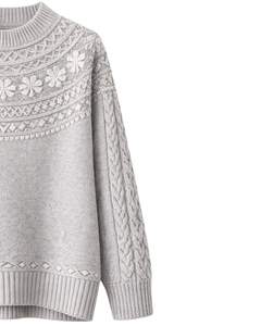 Customized Light Grey Jacquard Knit Sweater Floral Textured Crew Neck Long Sleeve Winter Pullover For Women Custom Wholesale - Product Image 3