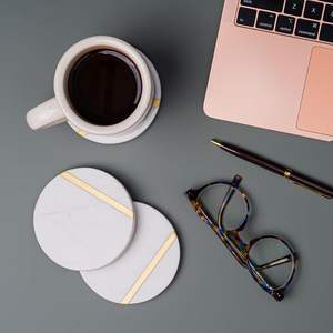 Luxury <b>White</b> Ceramic Classic <b>Coasters</b> Set of 6 with Gold Brass Inlay Durable & Eco-Friendly - Product Image 5