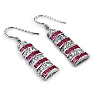 Boucles d'oreilles pendantes fines en argent avec rubis et diamants pour femmes - Product Image 2