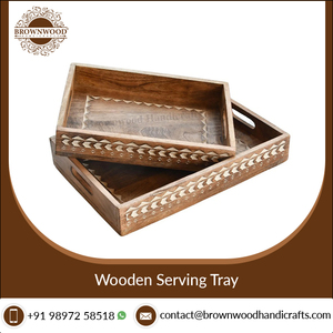 Bandejas de madera tallada a mano para servir comida, Juego de 2 con asas, Color blanco quemado, forma Rectangular, diseño moderno - Product Image 6