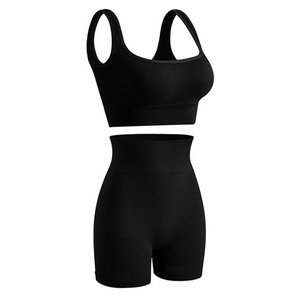 Drop Shoulder Color sólido Soft Gym Yoga Set Legging corto + Cross Sport Bra Chándal Mujeres Gym Suit - Product Image 3