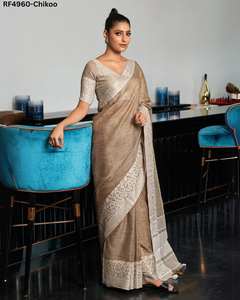 Sarees en lin élégant avec rayures subtiles et bordure contrastée Tissu léger et respirant avec chemisier assorti pour une tenue de fête - Product Image 6