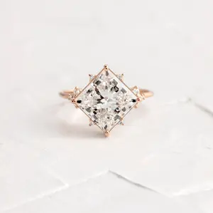 Custom Manufacture Jewelry Princess Round Moissanite Engagement Ring Bezel Setting 14K White Gold Wedding Ring For Women Gift