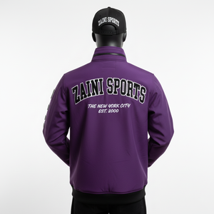 แจ็คเก็ตผ้านิ่มแบบพรีเมียมสำหรับผู้ชายแจ็คเก็ตผ้าฟลีซระบายอากาศได้ดีสีม่วงมีแผ่นแขนเสื้อปรับโลโก้ได้ตามต้องการ - Product Image 5