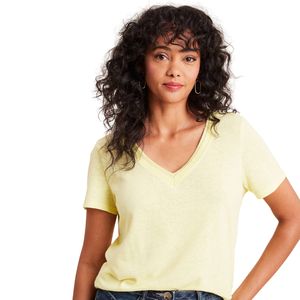 Camiseta de Mujer con Cuello en V, Color Amarillo Claro, Estampada, Resistente, Manga Corta, Algodón, Suministro al por Mayor, Uso Diario, Fácil Cuidado - Product Image 1