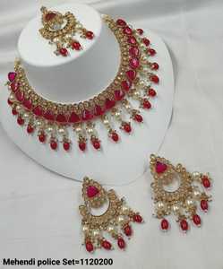 RACKTANGLE SHAPE LATEST DROP <b>FASHIONABLE</b> GOLD PLATED COPPER NECKLACE WITH CHANBALI EARRING MANGTIKKA SET & <b>JEWELLERY</b> SET WOMEN - Product Image 3