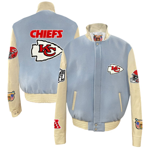 Chaqueta universitaria de estilo personalizado con cuello levantado para hombre, chaqueta con letras de lana Melton de invierno con mangas de cuero, venta al por mayor - Product Image 1