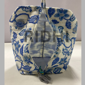Hand Block Printed Blue & <b>White</b> Cotton Quilted Zipper <b>Bag</b>, Reusable Custom Printed Travel Toiletry <b>Bag</b>, Grocery Market Tote <b>Bag</b> - Product Image 6