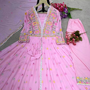 Atractivo vestido de moda Faux Georgette Anarkali Secuencia de bordado pesado y vestido de trabajo de mano de espejo Real y parte inferior con Dupatta - Product Image 1