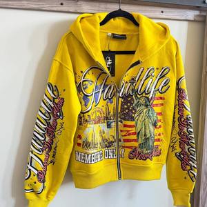 <b>Jacket</b> Crystal <b>Rhinestone</b> Double Zip up Hoodie MenCustom Vintage Washed Fleece French Terry Heavyweight Thick Zipper boxy hoodie - Product Image 5