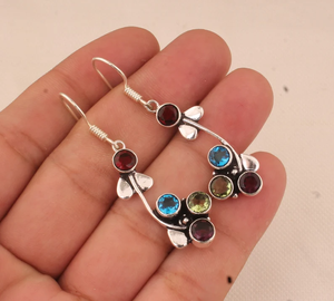 Boucles d'oreilles en quatre pierres multicolores pour femmes en argent sterling 925, faites à la main, pierres précieuses de taille ronde, cadeau d'anniversaire de mariage - Product Image 2
