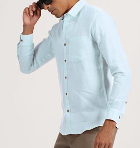Chemise en lin bleu ciel pour homme, manches longues, col rabattu, teinture unie, anti-rétrécissement, séchage rapide, durable, été - Product Image 3