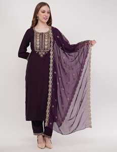 Bulk Supply Women Reyon Slub Coding Embroidery <b>Suit</b> Set <b>Purple</b> Rama Colors Premium Ethnic Wear For Retailers High Margin Stock - Product Image 2