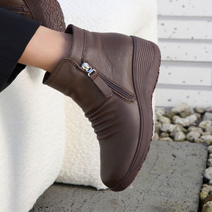 [JSHOE] Bottines à talon compensé en cuir de vache véritable doublées de polaire pour femmes avec fermeture éclair latérale Chaussures de marche confortables pour l'hiver - Product Image 5