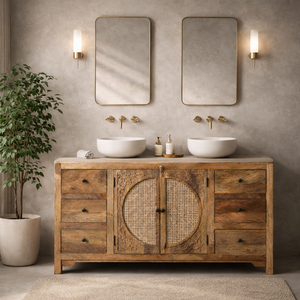 MKJ Solid Mango Wood <b>Sideboard</b> | Rustic Antique Living Room Furniture | Hand Carved Rattan Cane <b>Storage</b> Unit Shutter Doors 5+ - Product Image 5