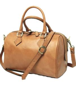 Sac Boston en cuir véritable, écologique, pour femme, vintage, couleur tan, sac à main en forme de baril, petit sac de voyage, poignée supérieure, bandoulière en polyester - Product Image 1