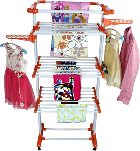 PARASNATH 3-Pole Steel Red <b>Cloth</b> <b>Drying</b> Stand Multiple Folding Arms with Castor Wheels Brake Epoxy Coated Pipes for Balcony Use - Product Image 1