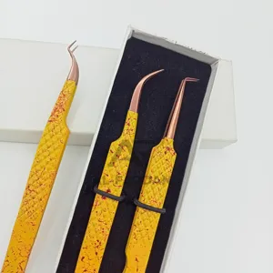 Pinzas de extensión de pestañas, Color amarillo curvo de 90 grados y J, con punta de oro rosa, de acero inoxidable japonés, pinzas de volumen
