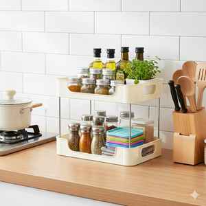 Organizador de Cocina de Plástico Duradero de 2 Niveles, Color Beige, Moderno, Fácil de Montar, para Almacenamiento en Encimera, para Frascos de Especias y Botellas de Aceite - Product Image 1