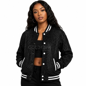 Veste universitaire d'hiver personnalisée OEM ODM Cosh International, col montant fin, couleur noir pailleté avec bordure blanche, unisexe - Product Image 2