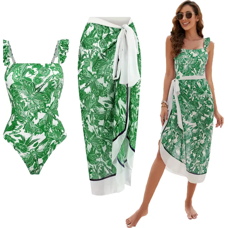Dragonfly Print Lettuce Trim Swimsuit Cover Up Beachwear High-stretch Tie Side Cover Up Dress Swim Bathing Suit Swimming Attire