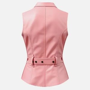 Hot Sale Custom Women's <b>Black</b> Genuine Leather Canvas Breathable Vintage Style Single Button Front Sleeveless Moto <b>Vest</b> Cropped - Product Image 2