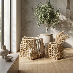 Natural Hand Woven Open Weave Lattice Storage <b>Basket</b> Set <b>Square</b> Tapered Pot Planter Organizer Setup Decor Pure Art Design - Product Image 4