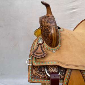 Ensemble de selle western en cuir avec décorations d'art sur bois de qualité supérieure, thème course de barils |   Ensemble de fixation sans clou pour équipement d'équitation en acier inoxydable, façonné à la main - Product Image 3