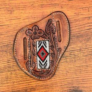 Funda de Cuero para Navaja, Estilo Occidental, con Diseño Floral Grabado a Mano y Adornos de Cuentas, Funda Plana de Cuero Genuino para Navaja Plegable - Product Image 2