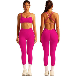 Conjuntos de Yoga de 2 Piezas, Top Deportivo Sin Costuras, Leggings de Cintura Alta, Elásticos, Transpirables, con Logotipo Frontal, Ropa Deportiva para Mujer - Product Image 1