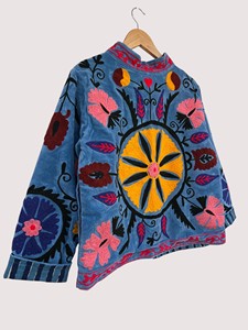 Veste florale brodée bleue à col mandarin, manches longues, grande taille, style chic prairie pour femme, en coton fait main - Product Image 4