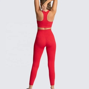 High Waist Seamless Yoga <b>Leggings</b> Full Length Solid <b>Red</b> Sport Pants <b>Women</b> Stretchy Fitness Wear Breathable Ribbed Design - Product Image 2