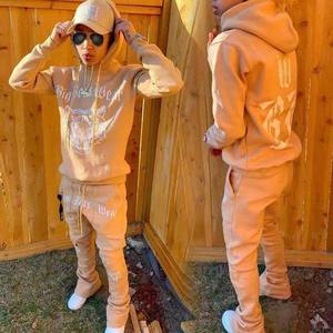 Conjunto de pantalones de chándal y Sudadera con capucha apilados acampanados personalizados, conjuntos de Jogger de 2 piezas, chándal de algodón y nailon de gran tamaño con diamantes de imitación - Product Image 4