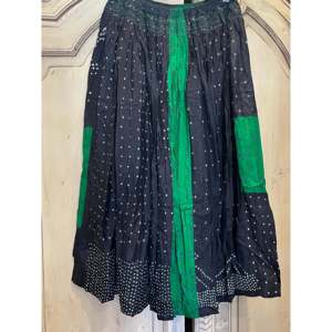 FOLKLORE 145 Satin Denim Pleat <b>Skirt</b> <b>Elastic</b> Waistband Emerald Stripe Bandhani Embroidery Soft Breathable Knit Ruffles - Product Image 3