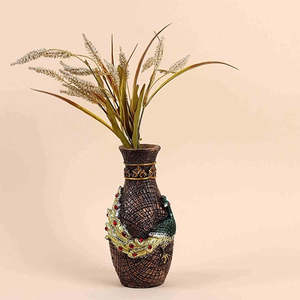 Vase de table antique traditionnel en céramique artisanale marron, de forme irrégulière, décoré de paons, brillant et au design durable - Product Image 2