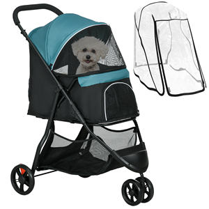 PawHut 3 Wheel Folding Small Dog <b>Stroller</b> with Rain Cover and Basket, Dark <b>Green</b> - Product Image 1