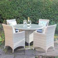 Ensemble de table et chaises rondes en rotin pour 4 personnes avec plateau en verre, design moderne, tissu imperméable, utilisation en extérieur