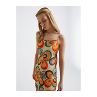Robe décontractée mi-longue en satin à imprimé floral, sans manches, avec col suspendu et sans poche