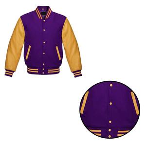 Veste universitaire de baseball de qualité supérieure, style bomber, col montant, cuir véritable, tissu en toile violet et or, hiver - Product Image 6