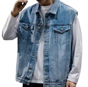 Ropa informal de moda, chaleco vaquero de nuevo diseño, 100% algodón, sin mangas, bolsillo lateral, transpirable, cuello vuelto, chaleco vaquero para hombres - Product Image 5