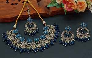 New Design Gold Plated Traditional <b>Drop</b> <b>Pearl</b> & Stone Studded Earring Mangtika Choker <b>Necklace</b> Set & Jewellery Set for Women - Product Image 3