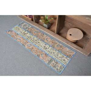 Alfombra turca vintage de lana hecha a mano azul beige de 1,6x4,6 pies con patrón abstracto de forma rectangular de altura de pila de felpa para dormitorio - Product Image 4